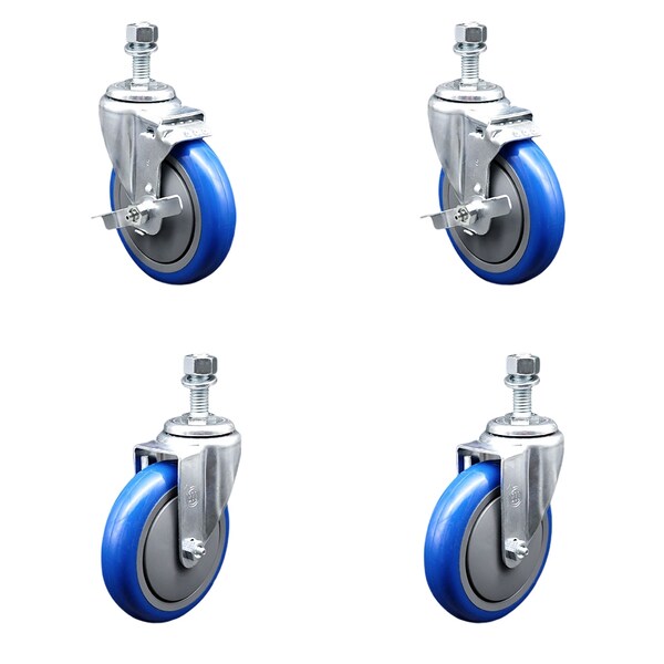 Service Caster 5 Inch Blue Polyurethane Wheel Swivel 1/2 Inch Threaded Stem Caster Brakes, 2PK TS20S514-PPUB-BLUE-TLB-121315-2-S-2 - main